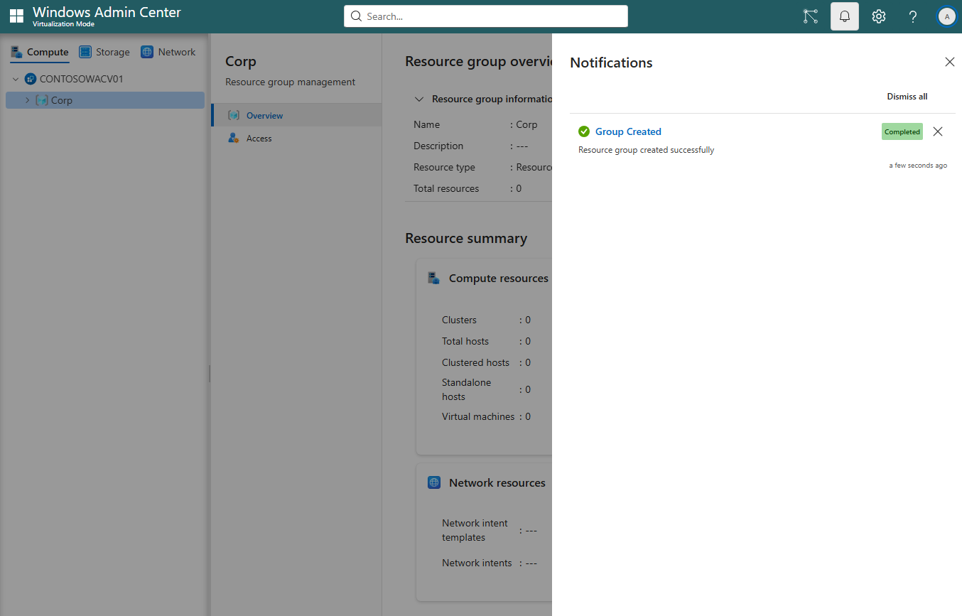 Screenshot of the Virtualization Mode navigation pane displaying the new empty resource group and a notification confirming creation.