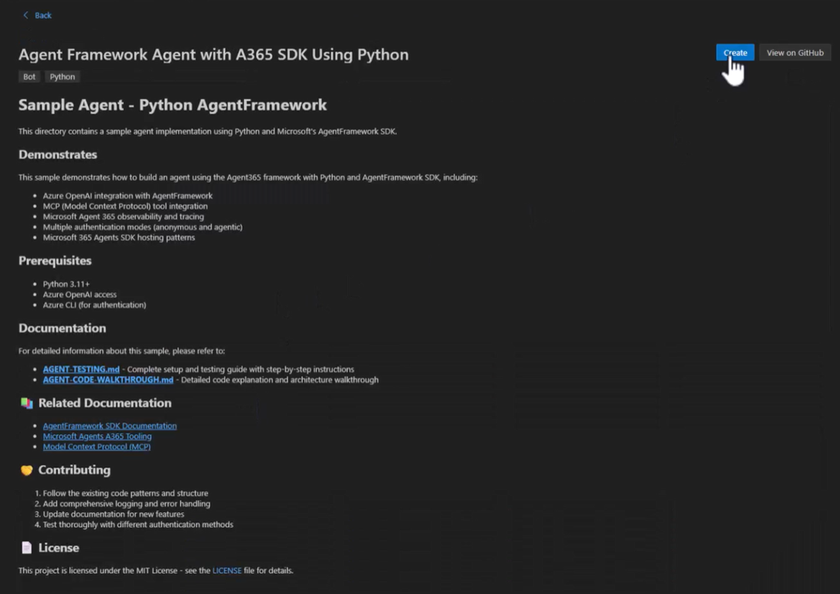 Näyttökuva Agent Framework -agentista, jolla on A365 SDK Python-näytteen avulla.