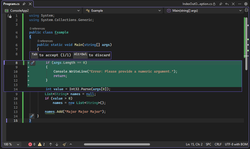 Screenshot de l’aperçu du code dans Visual Studio.