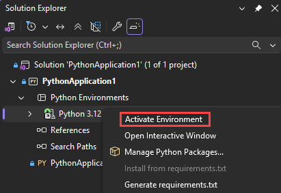 Capture d’écran montrant comment activer un environnement pour un projet Python dans Visual Studio.