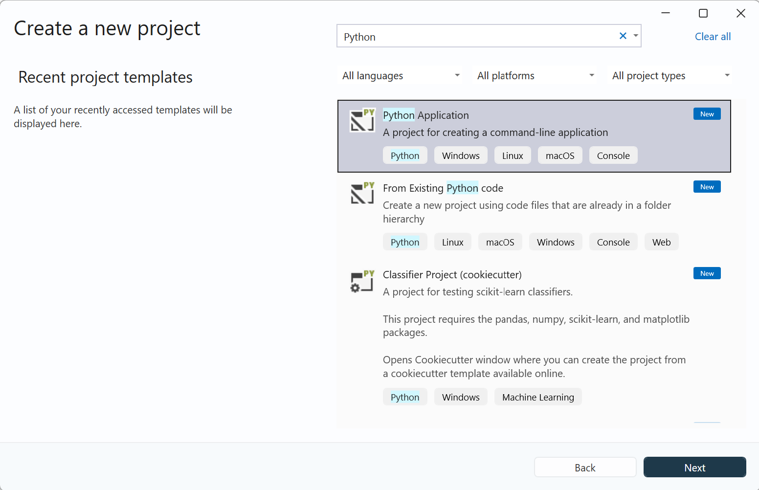 Capture d’écran montrant la boîte de dialogue Créer un projet dans Visual Studio. Les modèles de projet Python sont visibles.