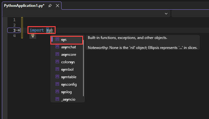 Capture d’écran montrant comment IntelliSense affiche les modules disponibles pour une instruction d’importation dans l’éditeur dans Visual Studio.