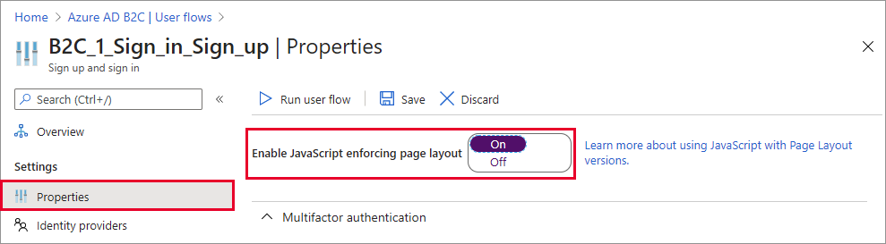 Pagina delle proprietà del flusso utente con l'impostazione Abilita JavaScript evidenziata