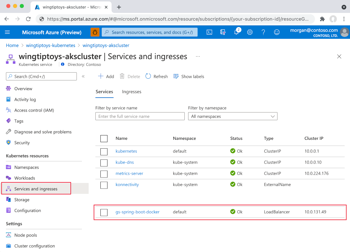 visualizzazione risorse Kubernetes, elenco servizi.