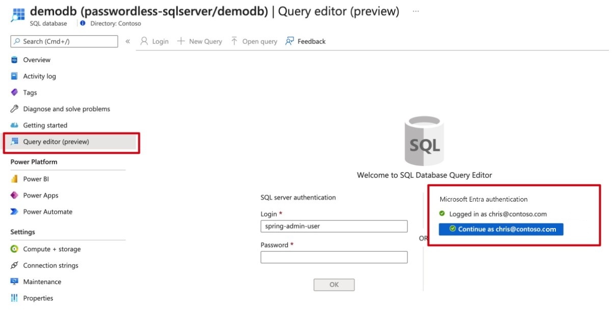 Screenshot del portale di Azure che mostra l'editor di query del database SQL.