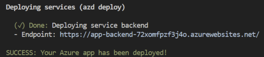 Screenshot che mostra l'URL dell'endpoint per l'applicazione distribuita, come riportato dopo il completamento del processo 'azd up'.
