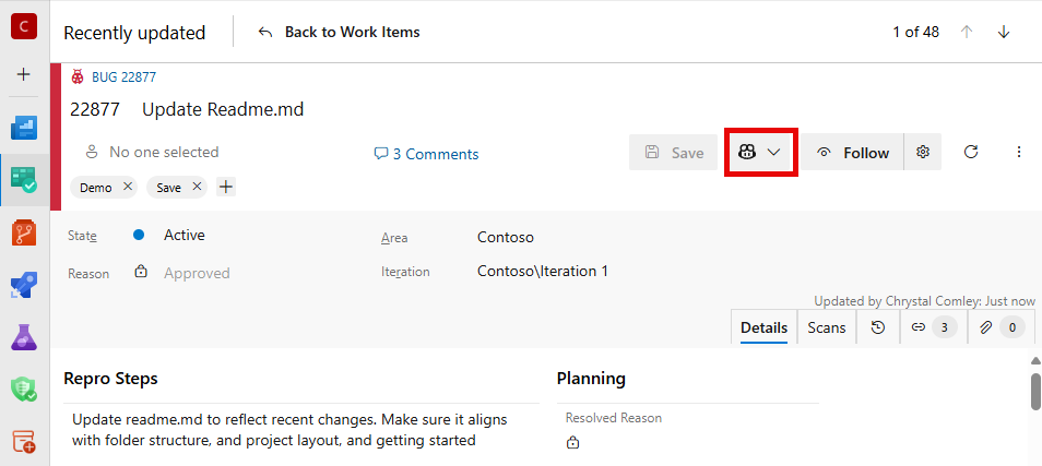 Screenshot che mostra l'icona GitHub Copilot evidenziata nell'elemento di lavoro.