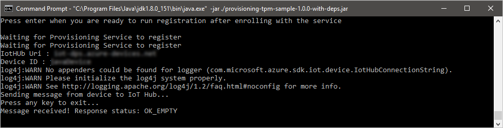 Schermata di una finestra del Prompt dei Comandi che mostra l'output del codice di esempio Java.