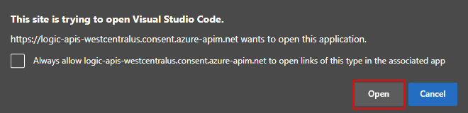 Screenshot che mostra l'invito ad aprire il collegamento per Visual Studio Code.