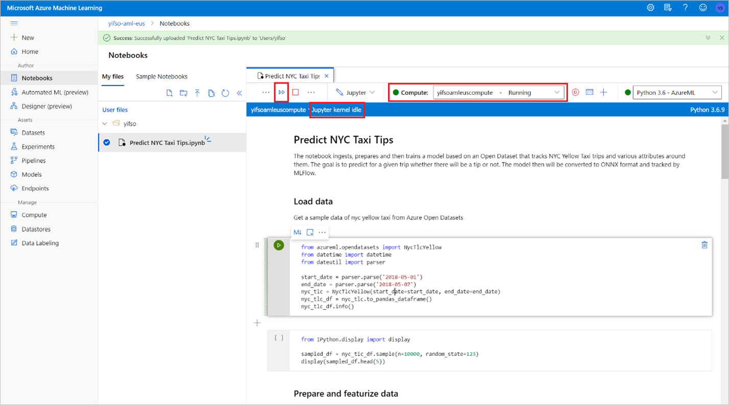 Screenshot che mostra la verifica dell'ambiente di calcolo di Azure Machine Learning.