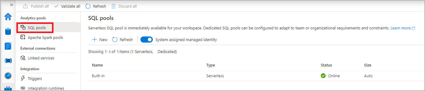 Screenshot dell'hub di gestione di Synapse Studio con la navigazione dei pool SQL selezionata.