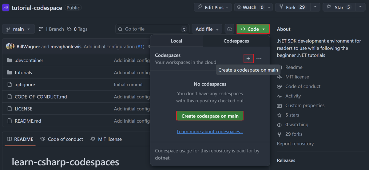 Creare un nuovo Codespace dal repository del tutorial