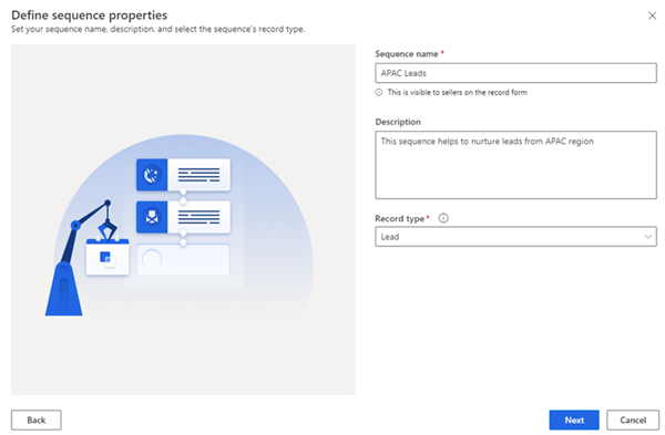 Screenshot della finestra di dialogo Crea una sequenza in Dynamics 365 Sales.