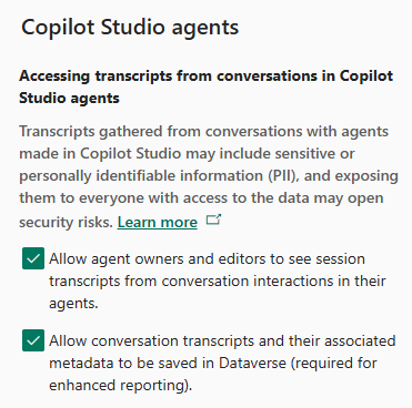 Screenshot delle impostazioni di Copilot Studio per gli ambienti nell'interfaccia di amministrazione di Power Platform.