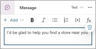 Screenshot di un nodo del messaggio nell'area di progettazione di Copilot Studio.