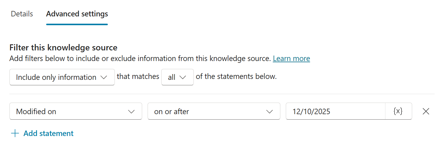 Screenshot delle impostazioni avanzate della fonte di conoscenza di SharePoint, che mostra un esempio delle impostazioni configurate.