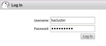 Screenshot della pagina di accesso dell'interfaccia utente Web Pacemaker con inserito il nome utente hacluster.
