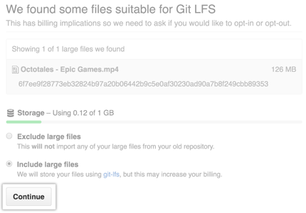 Screenshot dei file adatti per l'importatore di Git Large File Storage.