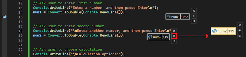 Screenshot che mostra come far fluttuare un suggerimento dati in qualsiasi punto dell'IDE di Visual Studio.