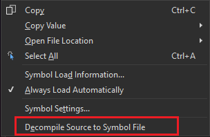 Screenshot del menu di scelta rapida dell'assembly nella finestra moduli con il comando di decompilazione del codice sorgente.