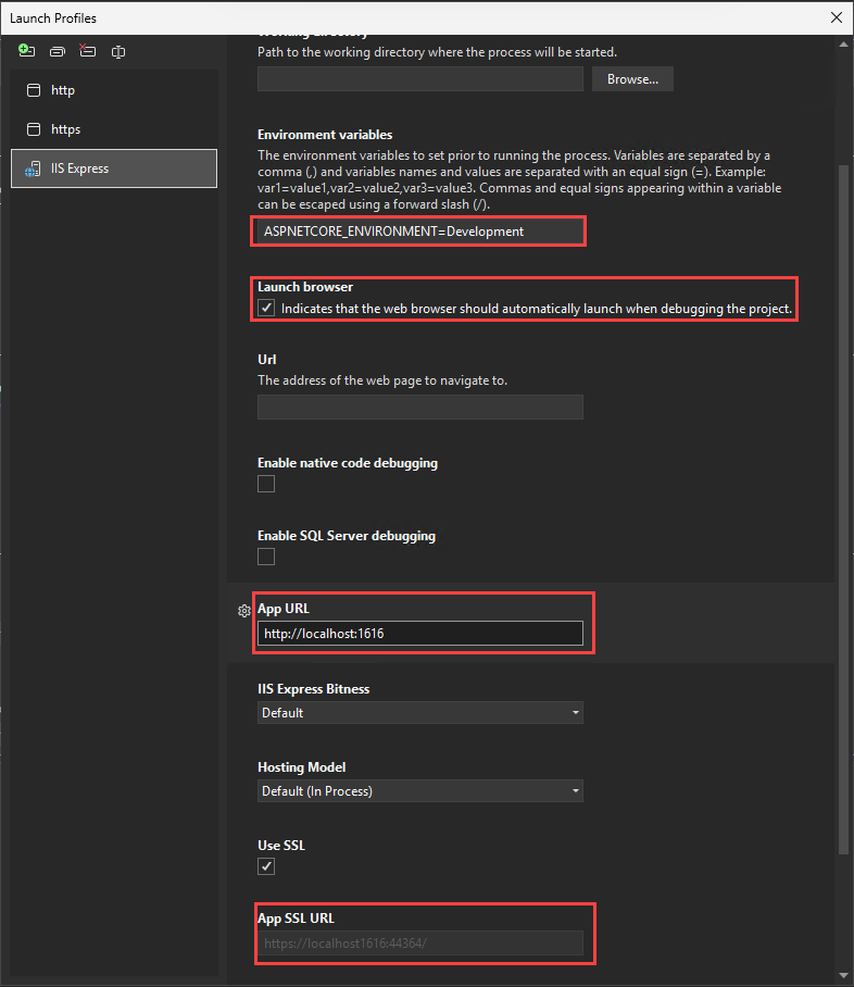 Screenshot che mostra le impostazioni del debugger ASP.NET Core.