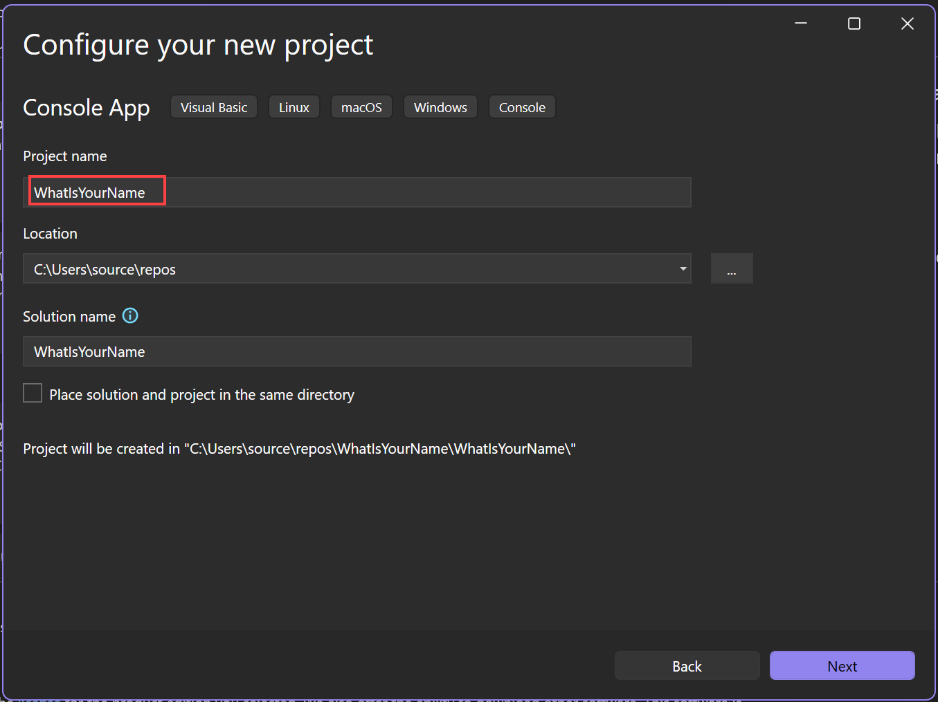 Screenshot che mostra la finestra Configura il nuovo progetto in Visual Studio con il campo Nome progetto impostato su 