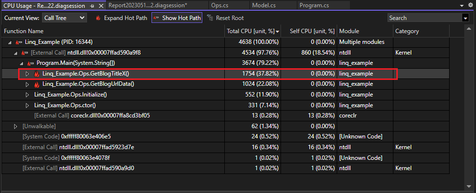 Schermata dell'uso migliorato della CPU nella visualizzazione ad albero delle chiamate dello strumento utilizzo CPU.