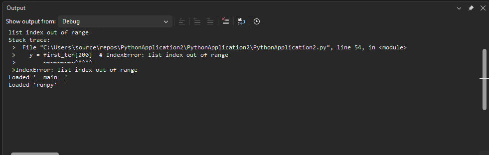 Screenshot che mostra l'output del log del debugger nella finestra di Output in Visual Studio.