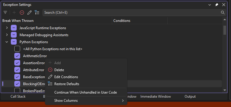 Screenshot che mostra la finestra delle impostazioni delle eccezioni nel debugger di Visual Studio.
