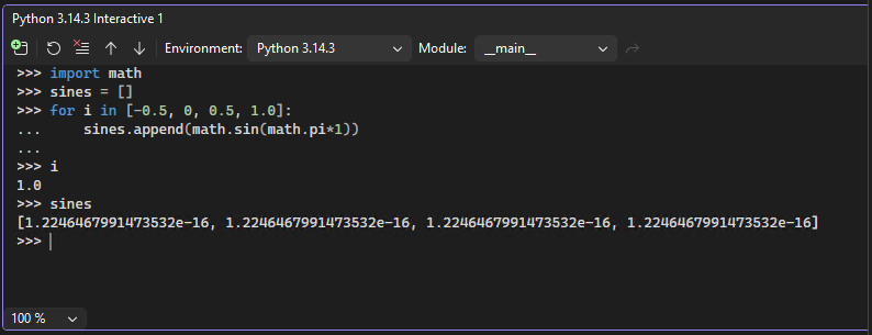 Screenshot che mostra la visualizzazione espansa della finestra interattiva python in Visual Studio.