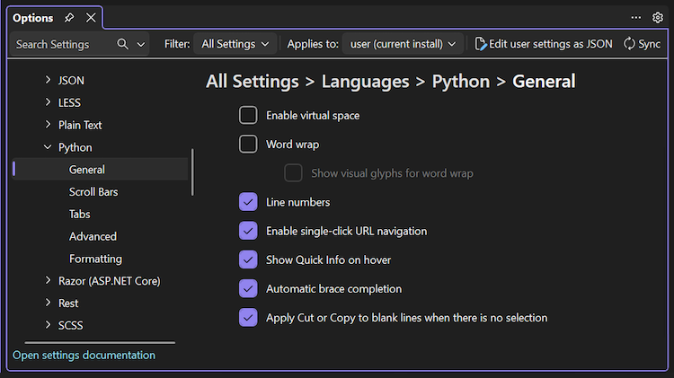 Screenshot che mostra le categorie di opzioni del linguaggio per Python e opzioni generali specifiche in Visual Studio 2026.