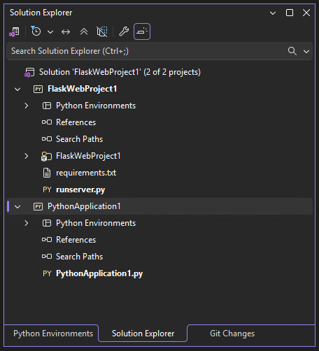 Screenshot che mostra una soluzione di Visual Studio contenente progetti Python e Flask in Esplora soluzioni.