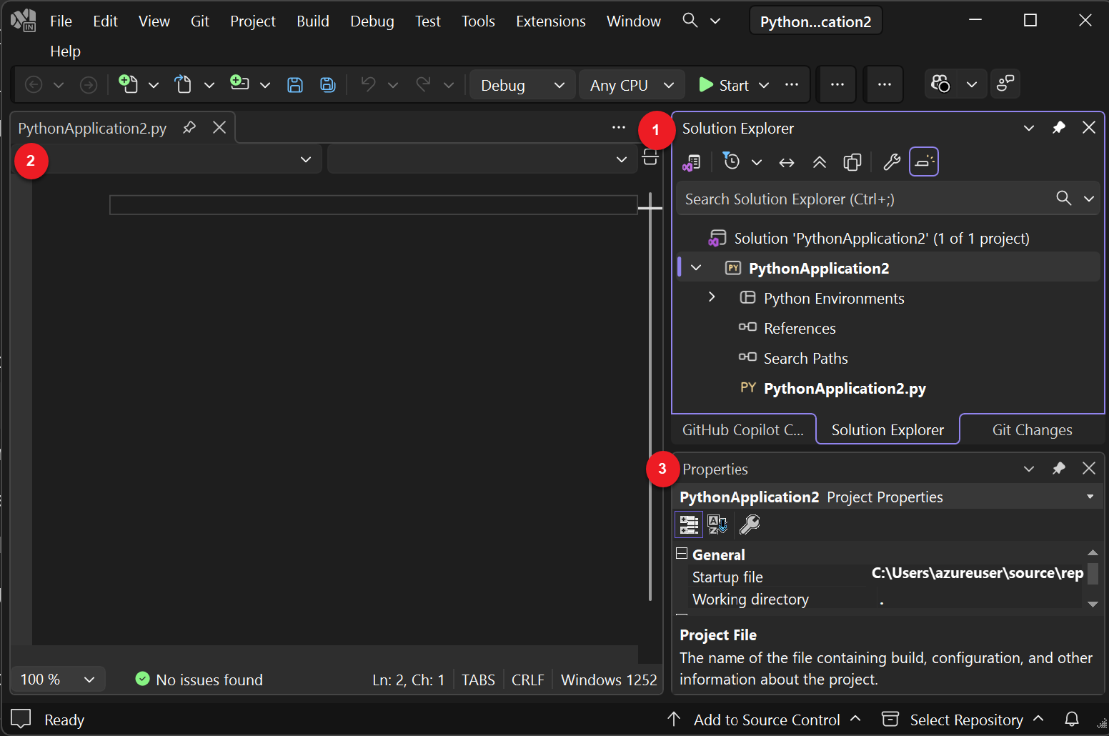 Screenshot che mostra il nuovo progetto aperto in Visual Studio.