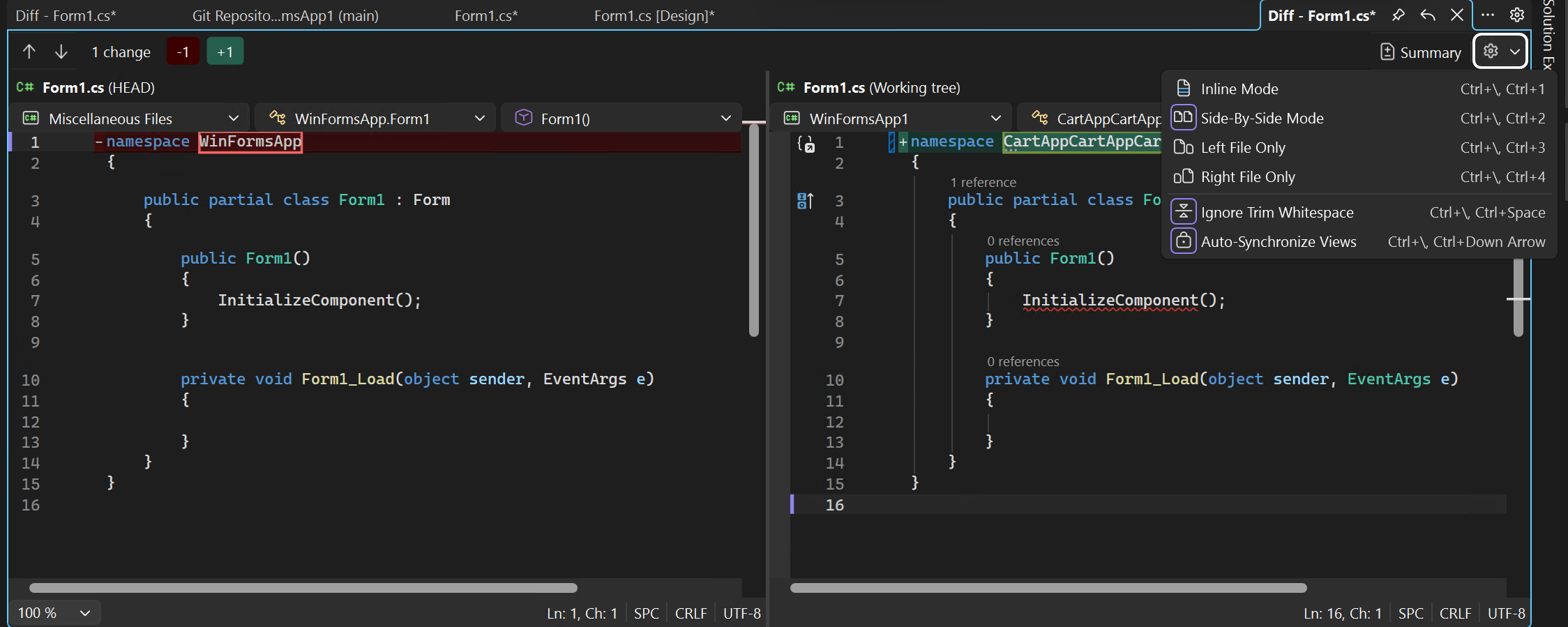 Screenshot che mostra il confronto riga per riga delle versioni di file in Visual Studio.