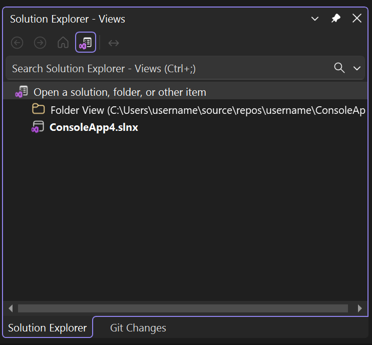 Screenshot della visualizzazione cartelle in Esplora soluzioni in Visual Studio.