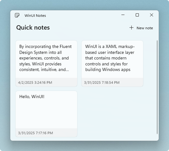 Screenshot finale dell'app note, che mostra tre note di salvataggio.