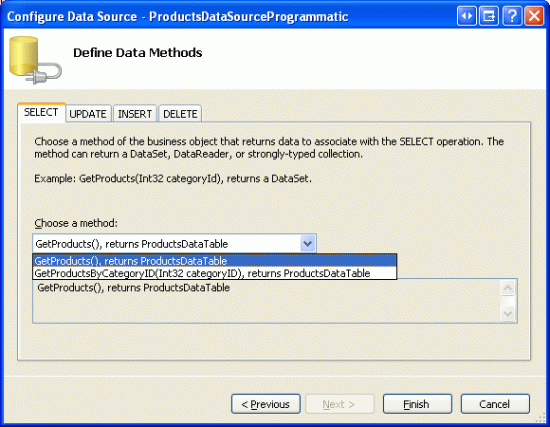 Selecteer de GetProducts-methode in de lijst met Drop-Down van het tabblad SELECT
