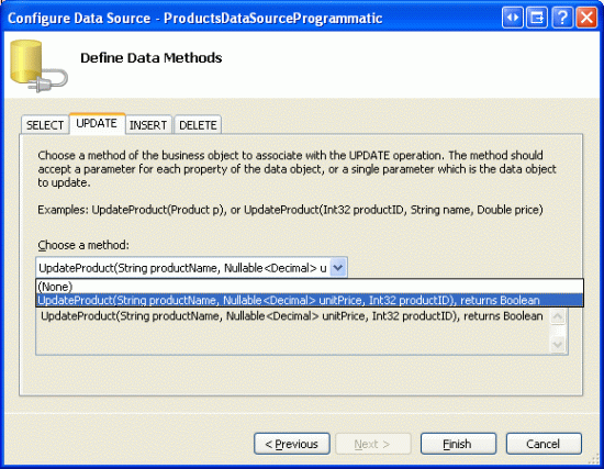Kies de UpdateProduct-methode uit de lijst met Drop-Down van het tabblad UPDATE