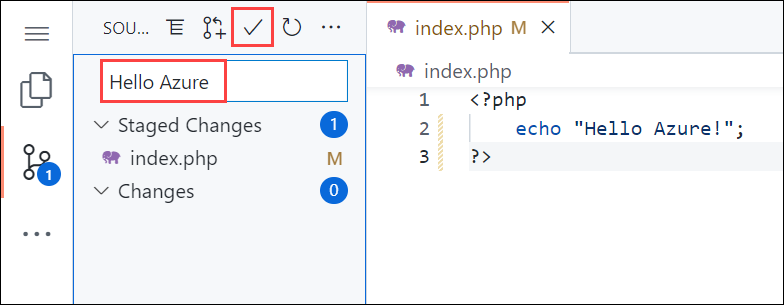 Schermafbeelding van Visual Studio Code in de browser, Bronconfiguratiescherm met een commit-bericht van Hello Azure.
