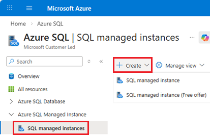 Schermopname van de pagina met beheerde SQL-exemplaren op de pagina Azure SQL Hub in Azure Portal, met de knop +Maken.