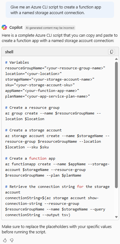 Schermopname van Azure Copilot met een Azure CLI-script voor het maken van een functie-app met een verbonden opslagaccount.
