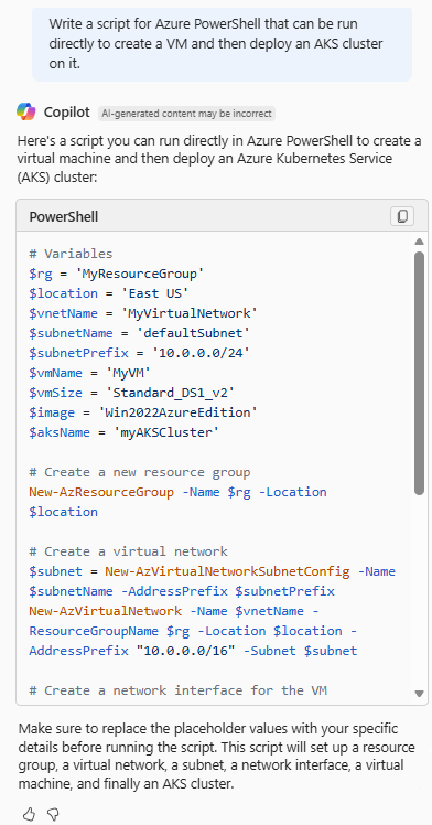 Schermopname van Azure Copilot met een PowerShell-script waarmee een VIRTUELE machine wordt gemaakt en een AKS-cluster wordt geïmplementeerd.
