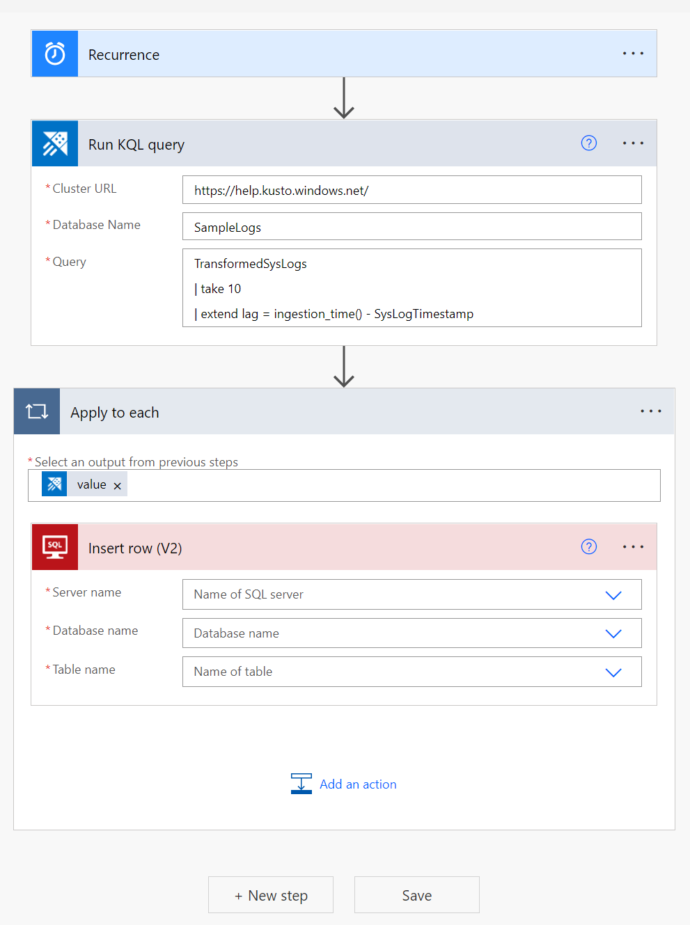 Schermopname van SQL-connector, waarin query's worden uitgevoerd op gegevens met behulp van de Power Automate connector.
