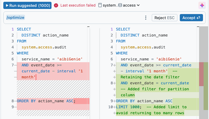 Een geoptimaliseerde query gegenereerd met behulp van de opdracht /optimize met Genie Code