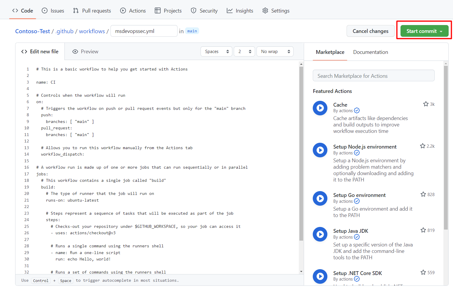 Schermopname waarin u ziet waar u start commit kunt selecteren.