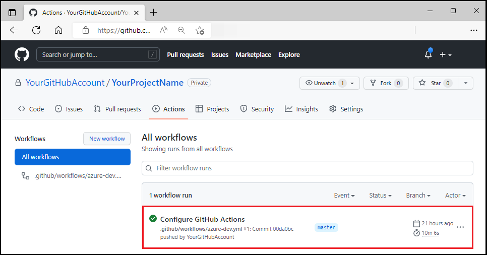 Schermopname van GitHub-werkstroom die wordt uitgevoerd.