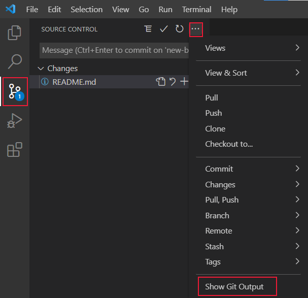Schermopname van Broncodebeheer van Visual Studio Code met de selectie Git-uitvoer weergeven gemarkeerd.