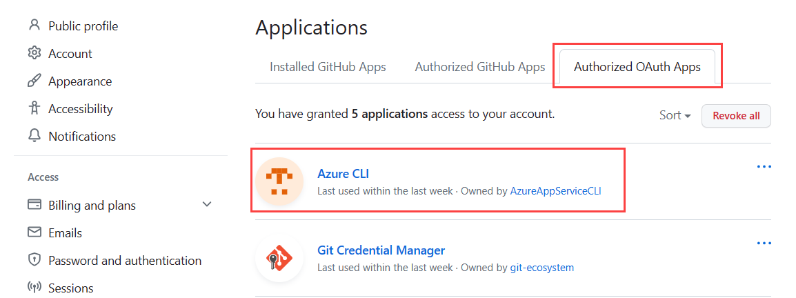 Schermopname van het weergeven van geautoriseerde OAuth-apps voor een GitHub-account.