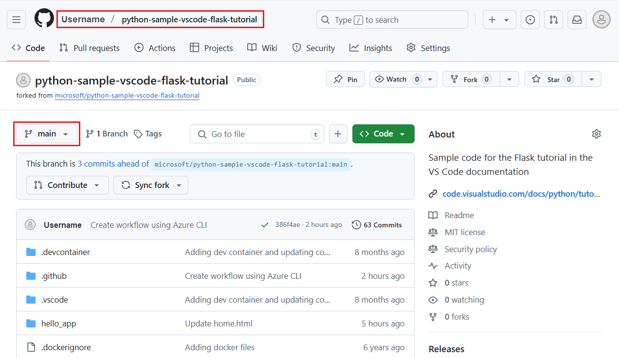 Screenshot die laat zien hoe u naar de repository en de branch gaat waar de GitHub Actions workflow is gedefinieerd.