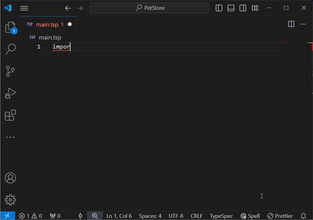 Schermopname van de Visual Studio Code-extensie voor TypeSpec, waarmee automatisch aanvullen en syntaxismarkeringen worden geboden.